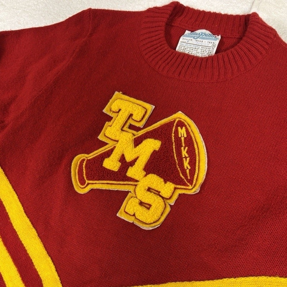 Dallas Knitting Varsity Cheerleader Sweater Womens 36 Red Yellow Preppy Vintage